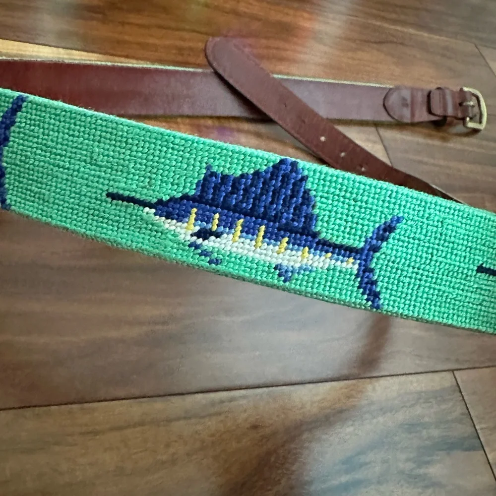 SMATHERS AND BRANSON HAND STITCHED NEEDLEPOINT BILLFISH LEATHER BELT SIZE 40